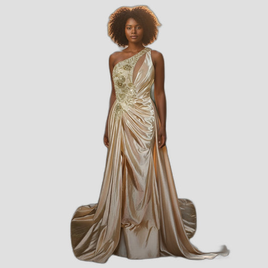 ilded Dreams One-Shoulder Evening Gown