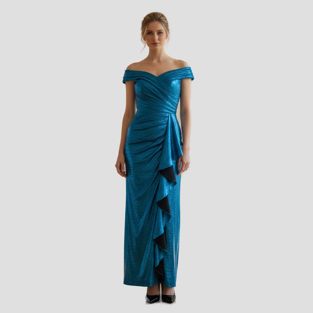 Dazzling Sapphire Shimmer Gown with Dramatic Cascade