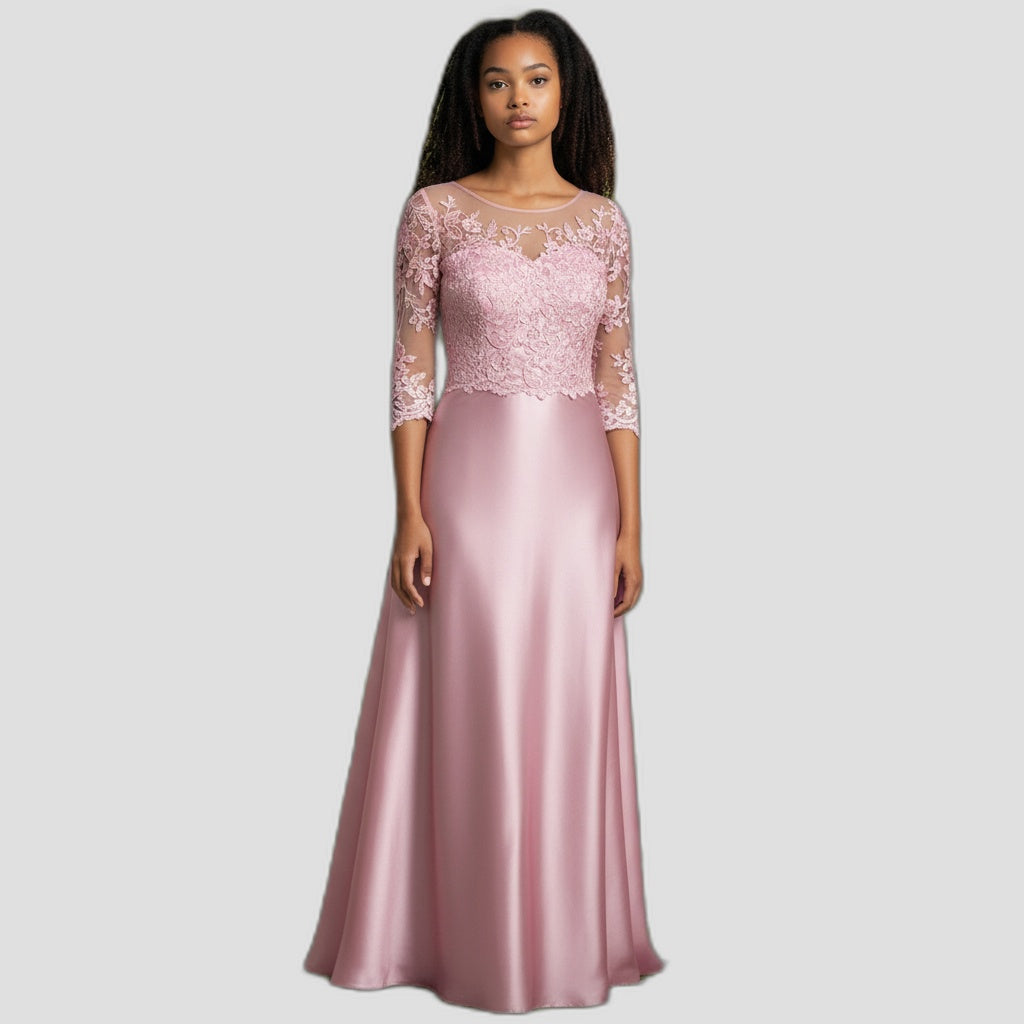 Elegant Pink Lace Long-Sleeve Gown for Special Occasions