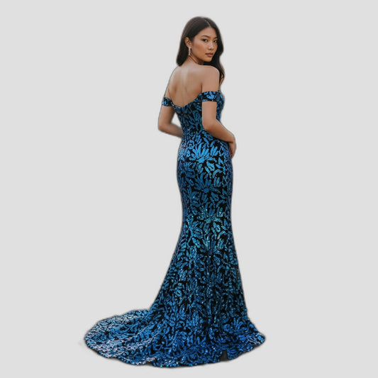 Haute Couture Elegant Blue Off-Shoulder Sequin Evening Gown for Special Occasions