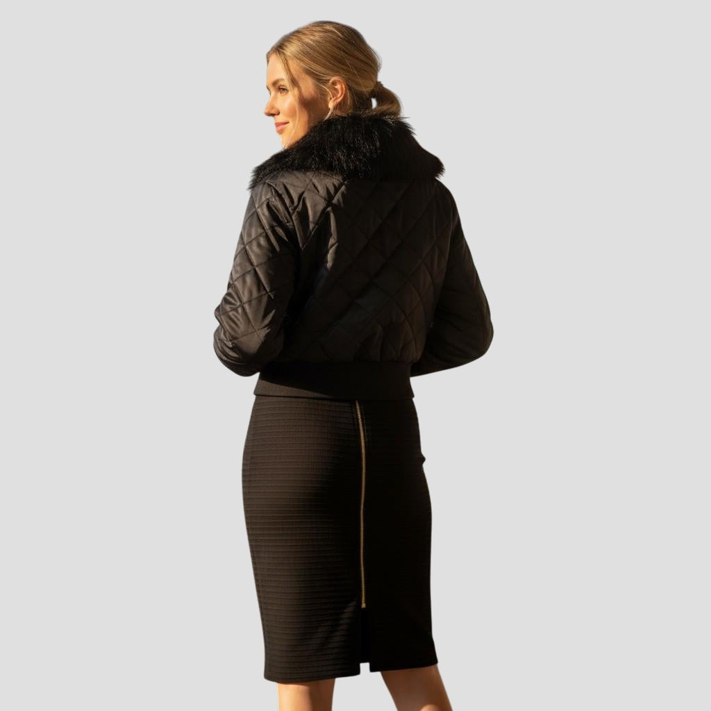 Aviator Quilted Bomber Jacket with Faux Fur Collar