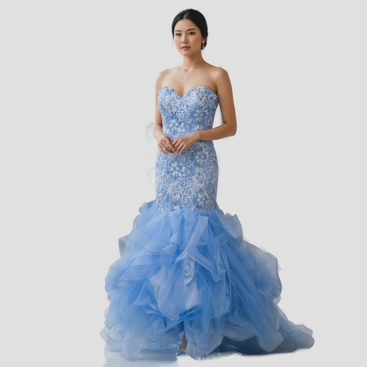 Sky-Blue Tulle & Lace Mermaid Gown for Show-Stopping Moments