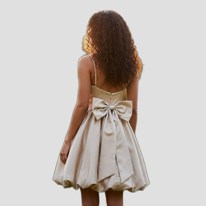 Chic Cream Satin Bow Back Mini Dress for Parties & Dates