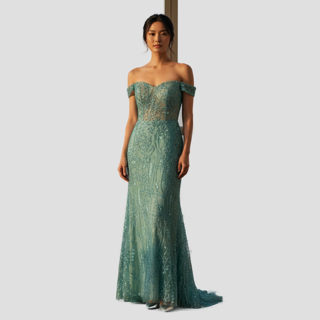 Dazzling Seafoam Lace Off-Shoulder Gala Gown