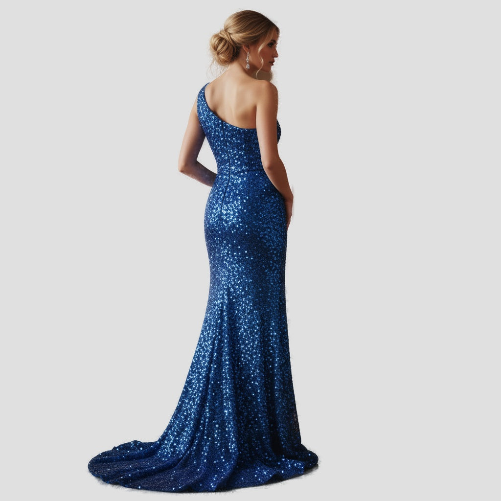 Dazzling Blue One-Shoulder Sequin Gown for Show-Stopping Nights