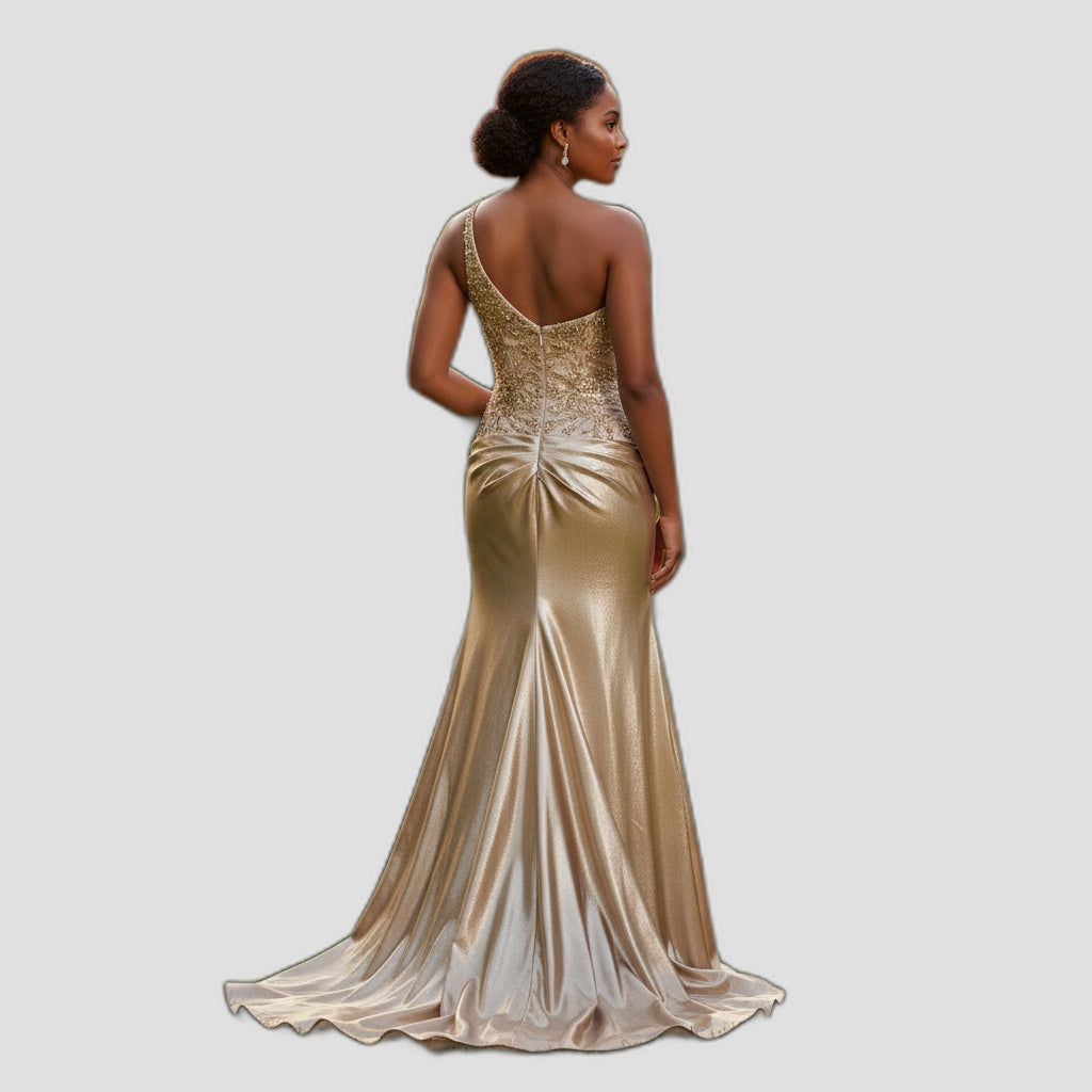 ilded Dreams One-Shoulder Evening Gown