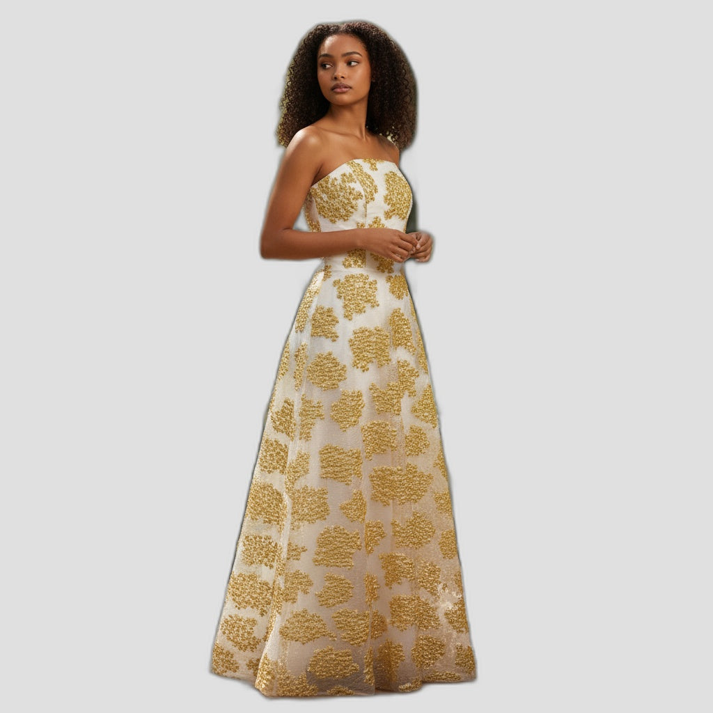 Golden Whimsy Strapless Maxi Dress: Shine Bright Tonight!