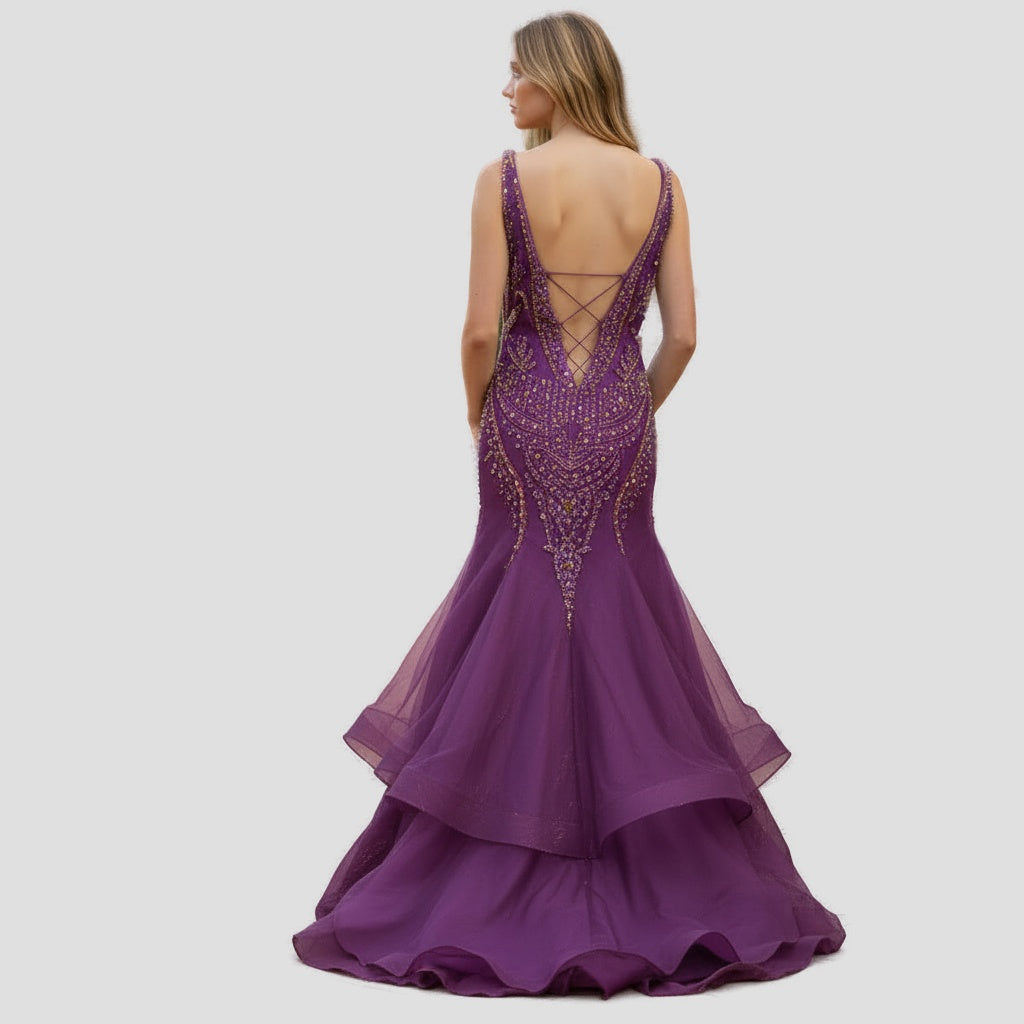Dazzling Purple Mermaid Gown with Layered Drama