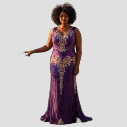 Royal Velvet Goddess Gown - Dazzle in Purple & Gold!