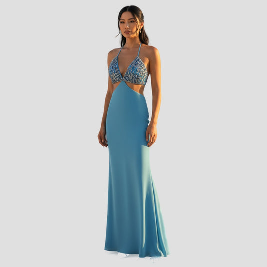 Show-Stopper Blue Backless Maxi: Sky-Worthy Satin Glam