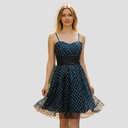 Dazzling Midnight Frock with Mesmerizing Mesh Magic