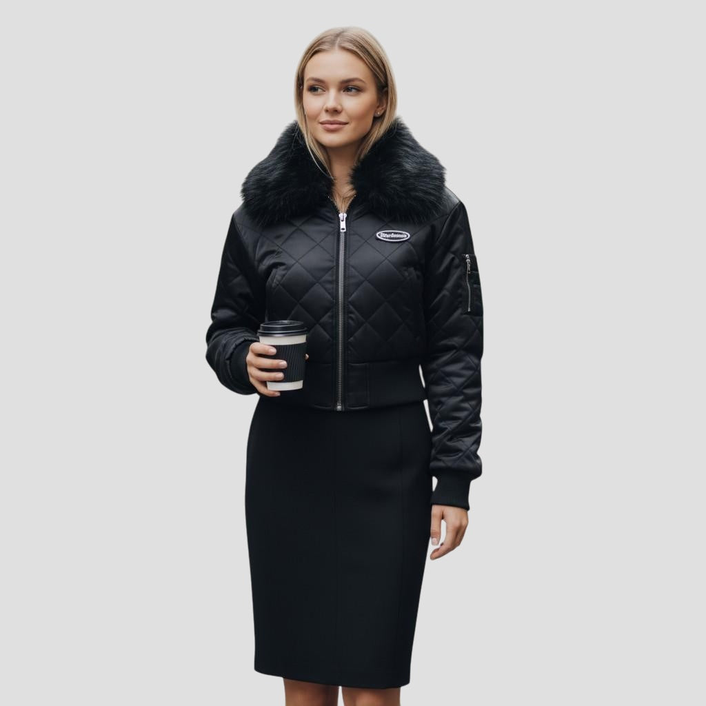 Aviator Quilted Bomber Jacket with Faux Fur Collar