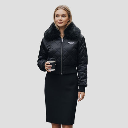 Aviator Quilted Bomber Jacket with Faux Fur Collar