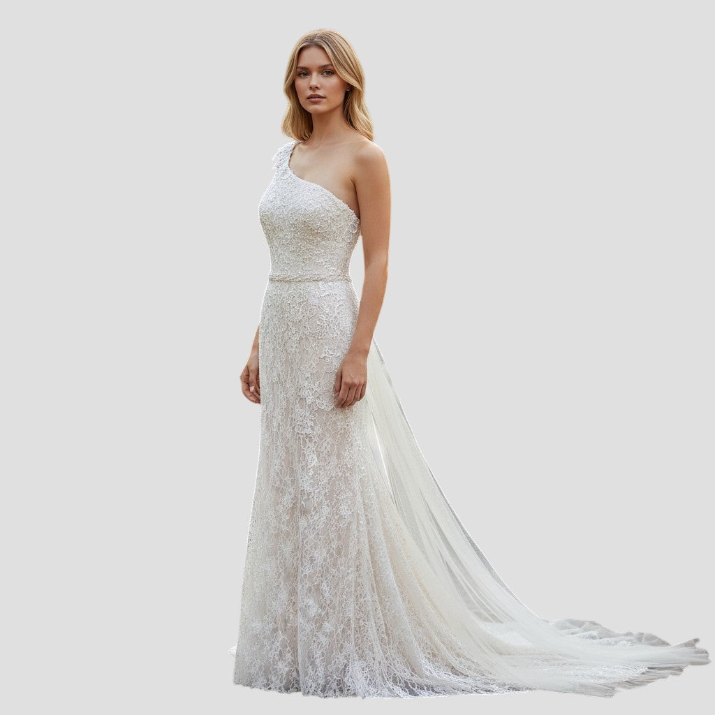 Whimsical Lace Dreams: The One-Shoulder Wonder Gown