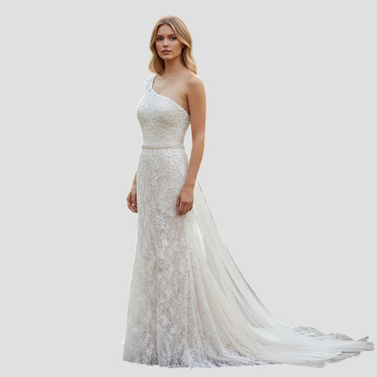 Whimsical Lace Dreams: The One-Shoulder Wonder Gown