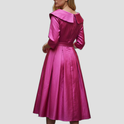Chic Fuchsia Satin Midi Dress with Statement Collar