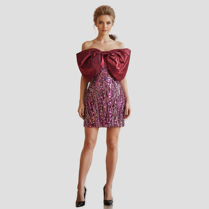 Dazzling Sequin Mini Dress with Bold Burgundy Bow