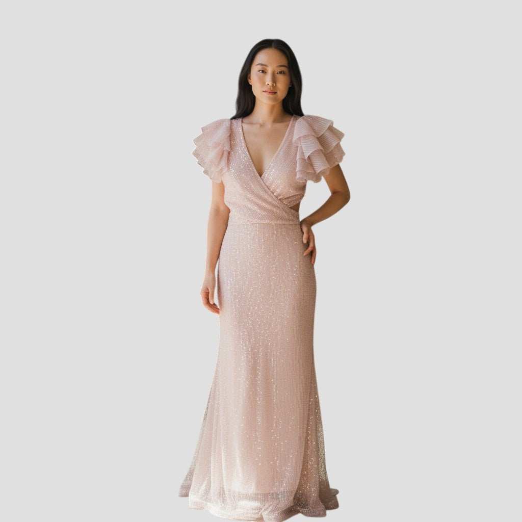 Whimsical Flutter Glamour Gown - Shine in Blush Pink!