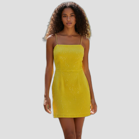 Dazzling Yellow Sequin Mini Dress with Criss-Cross Back