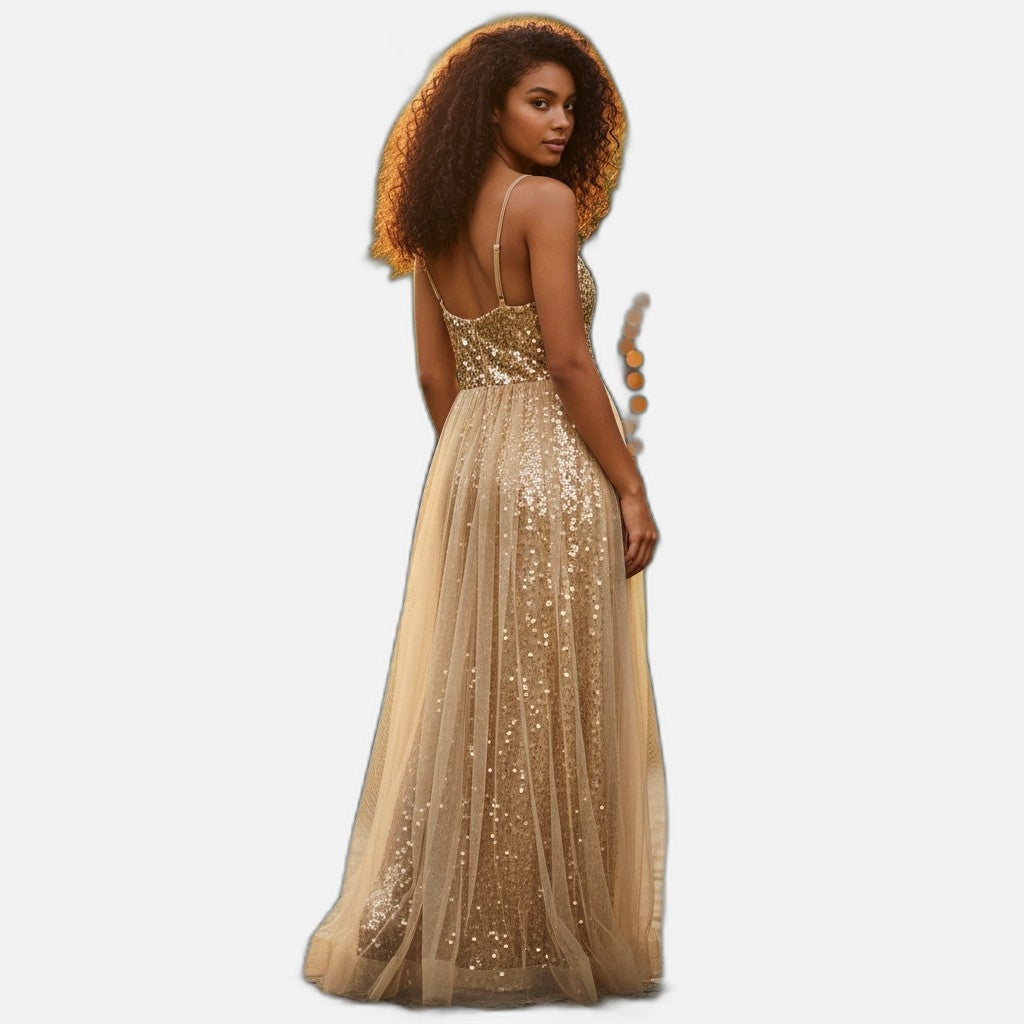 Sparkling Gold Sequin Maxi Dress with Tulle Overlay