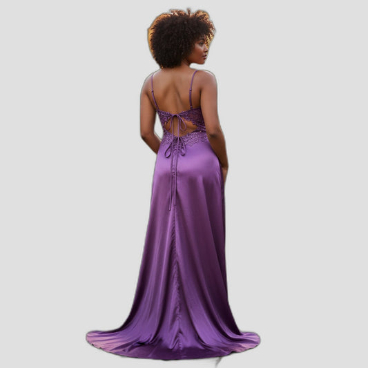 Elegant Purple Satin Maxi Dress with Lace Back for Special Occasions