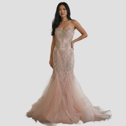 Dazzling Blush Beaded Tulle Gown for Unforgettable Nights
