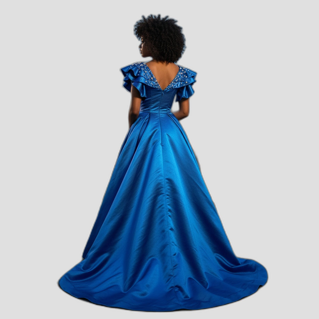 Royal Dynamics: Sapphire Ball Gown with Dramatic Flair