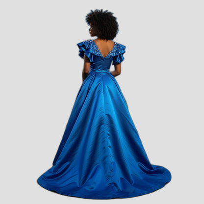 Royal Dynamics: Sapphire Ball Gown with Dramatic Flair