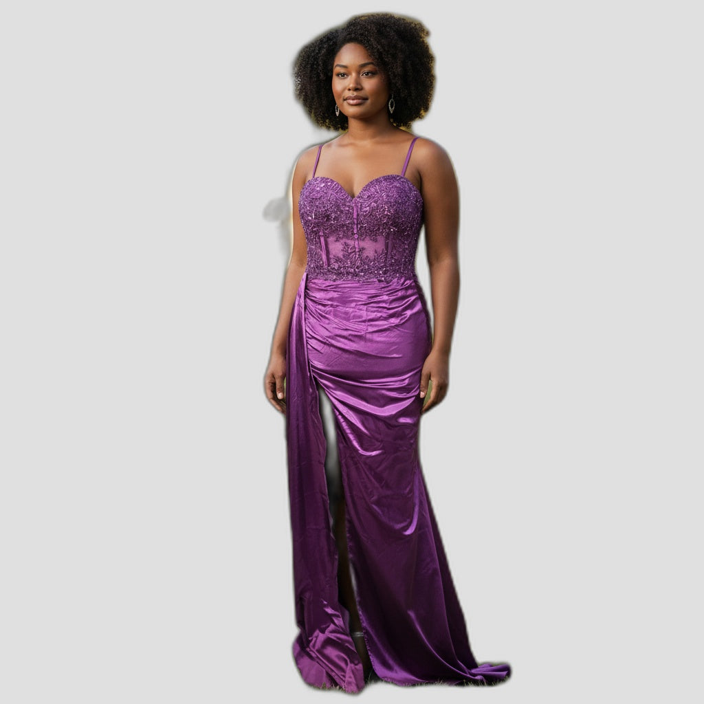 Elegant Purple Satin Maxi Dress with Lace Back for Special Occasions