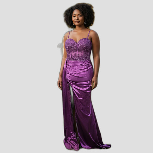 Elegant Purple Satin Maxi Dress with Lace Back for Special Occasions
