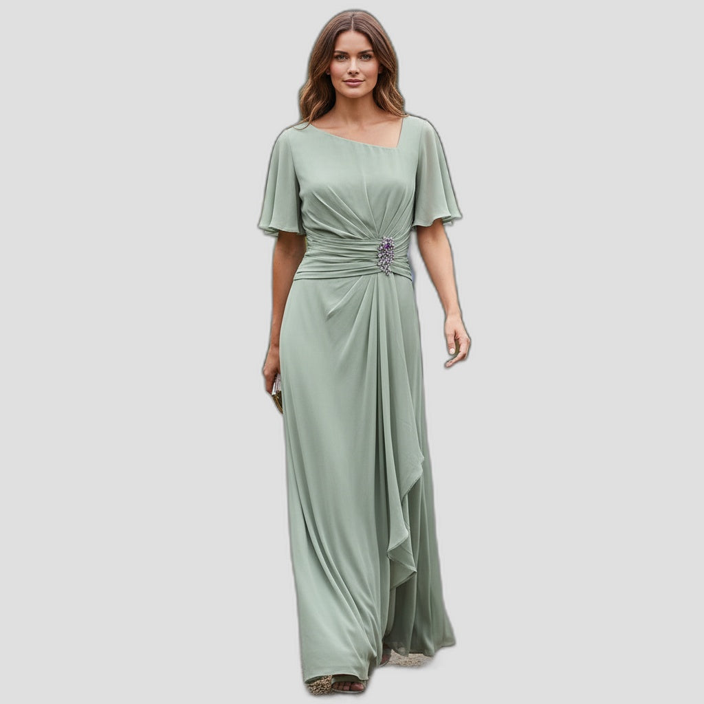 Elegant Mint Green Evening Dress with Flowing Sleeves & Embellishment