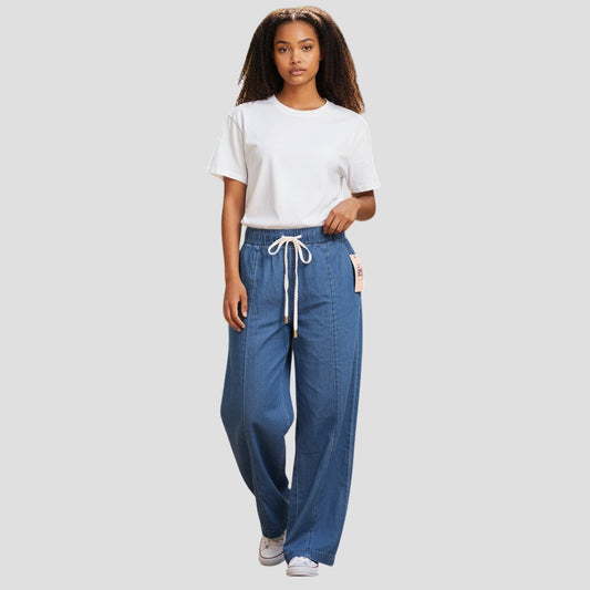 Wide Leg Jeans Elastic Waist and Drawstring Light Wash