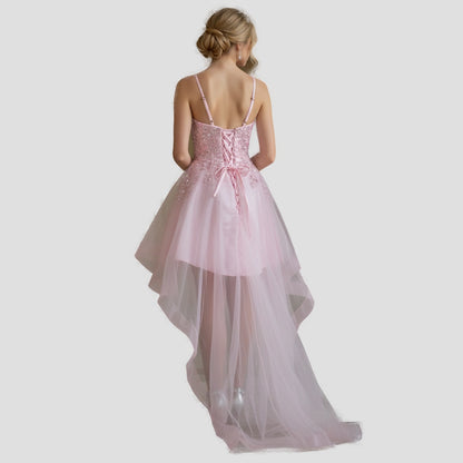 Dazzling Pink Glamour: High-Low Embroidered Evening Dress