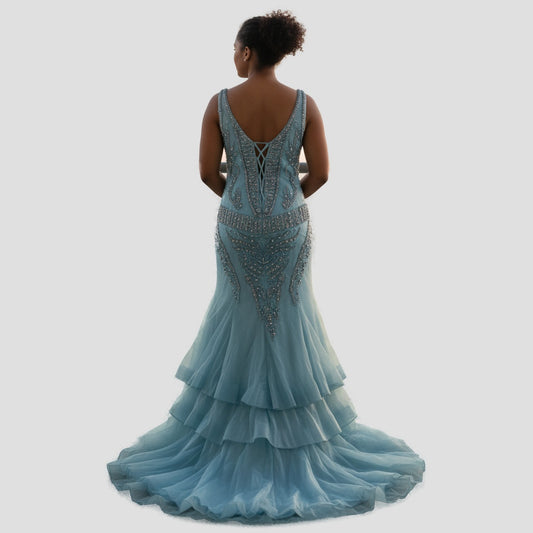 Show-Stopping Azure Embellished Backless Evening Gown