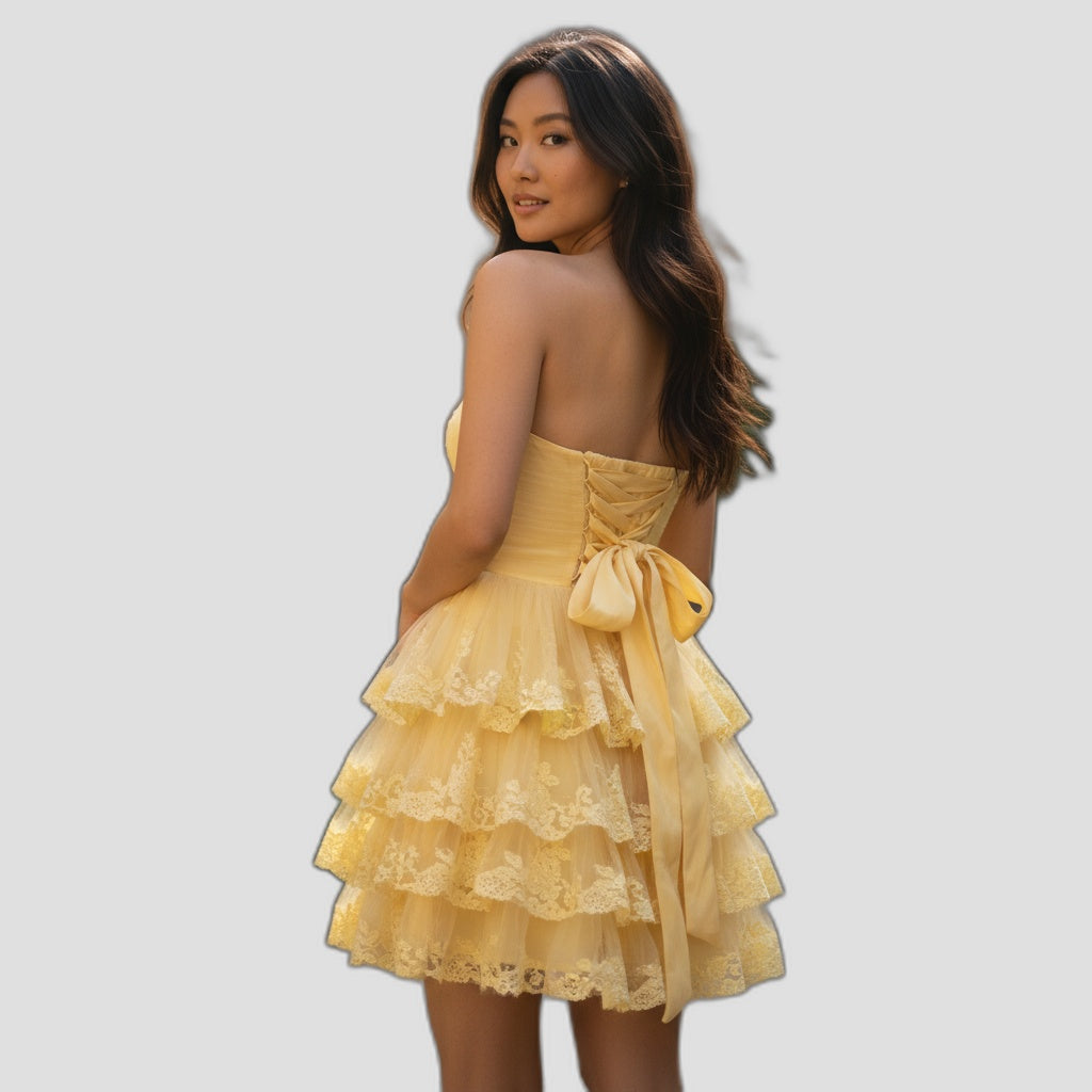 Yellow Ruffled Strapless Dress with Lace Trim for Summer Events
