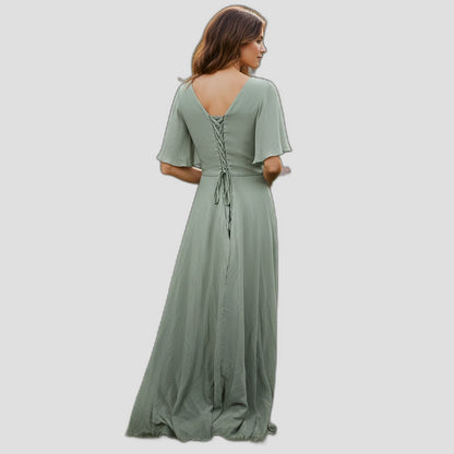 Elegant Mint Green Evening Dress with Flowing Sleeves & Embellishment