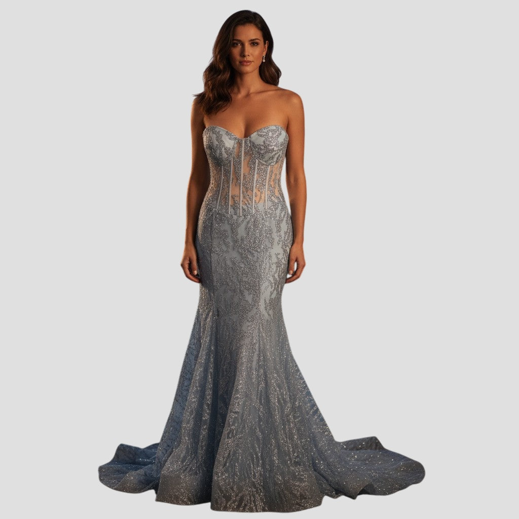 Aqua Dreamy Lace Mermaid Gown: Make Waves with Elegance!