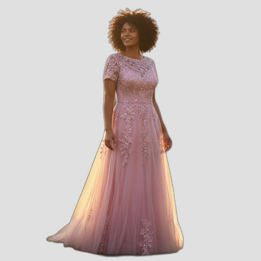 Elegant Blush Pink Tulle Evening Gown with Embroidery