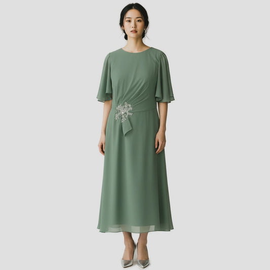 Enchanted Sage Chiffon Dress with Dazzling Floral Accent