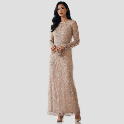 Dazzling Beaded Champagne Maxi Dress for Gala Nights