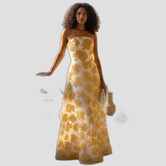 Golden Whimsy Strapless Maxi Dress: Shine Bright Tonight!