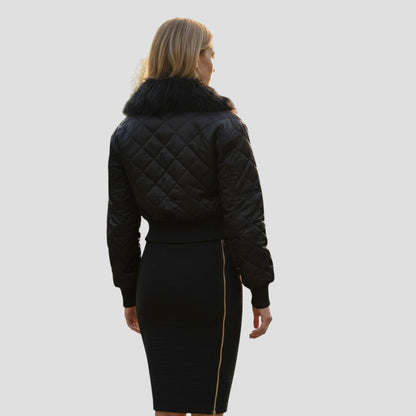 Aviator Quilted Bomber Jacket with Faux Fur Collar