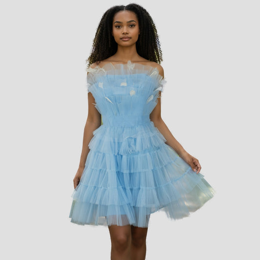 Show-Stopping Sky Blue Ruffled Tulle Party Dress