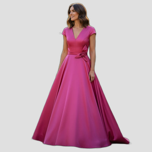Elegant Pink Satin Evening Gown with Belted Waist