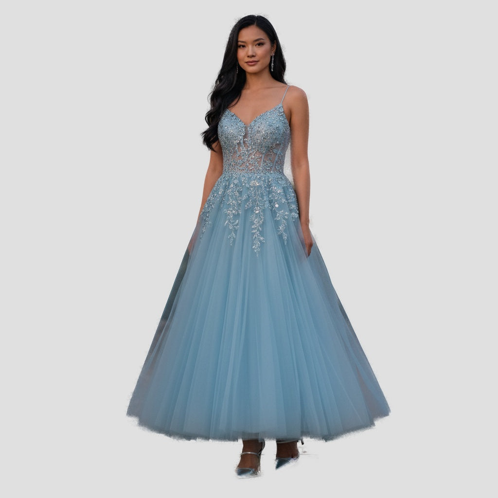 Mesmerizing Sky Blue Tulle Gown with Dazzling Embroidery