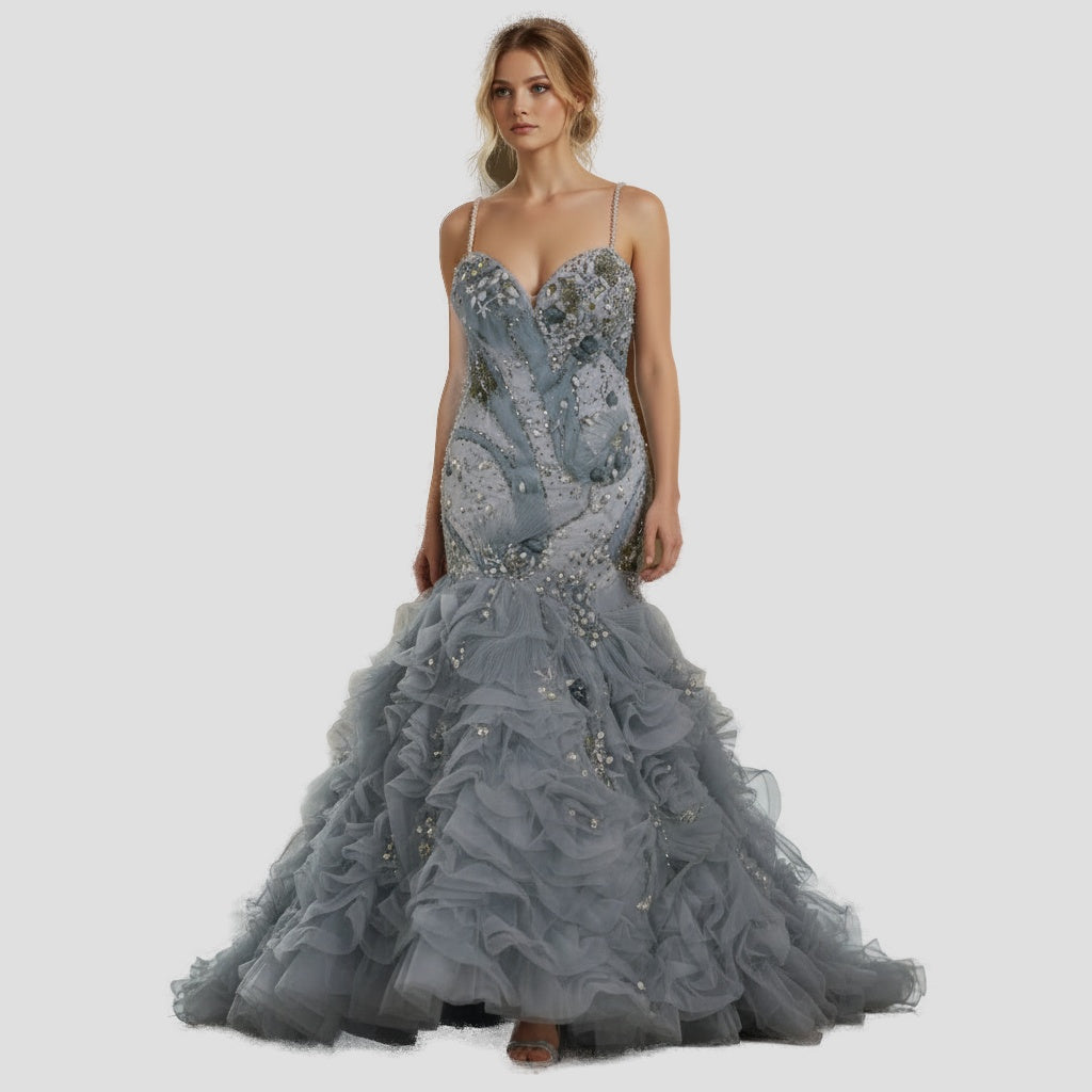 Dramatic Azure Mermaid Gown with Enchanting Ruffles