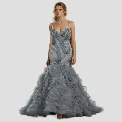 Dramatic Azure Mermaid Gown with Enchanting Ruffles