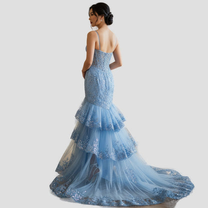 Dazzling Ice Blue Tiered Tulle Gown for Unforgettable Nights