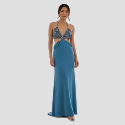 Show-Stopper Blue Backless Maxi: Sky-Worthy Satin Glam