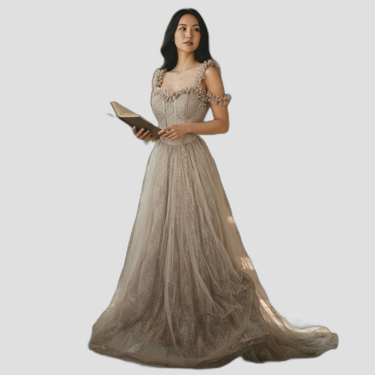 Elegant Lace Maxi Dress with Ruffled Sleeves – Perfect for Weddings